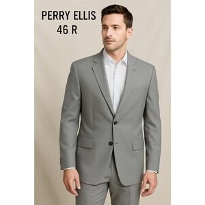 Perry Ellis Mens Gray Blazer Sport Coat 46R Two Button Fully Lined